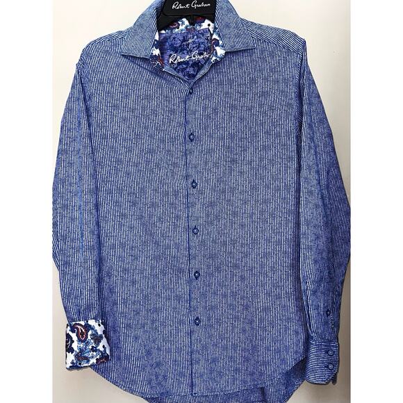 ROBERT GRAHAM BLUE TINY CHECK L/S SHIRT PAISLEY FLIP CUFFS SIZE S / SMALL - Picture 2 of 5